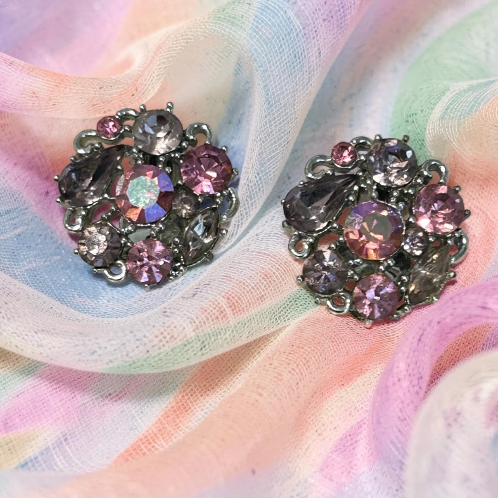 Vintage 1960’s  Lisner AB Pink Crystal Cluster Clip-On Earrings